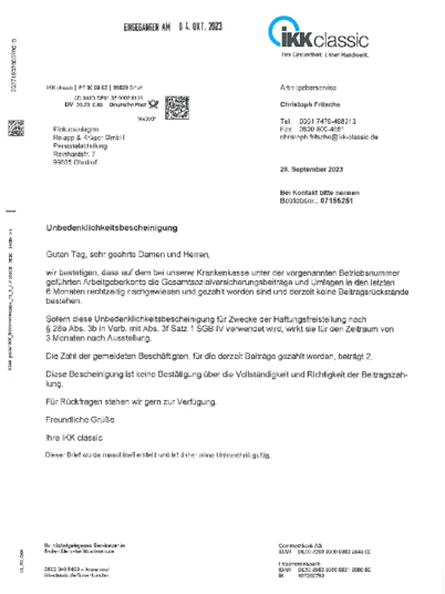 IKK Unbedenklichkeits- bescheinigung bei Elektroanlagen Rolapp & Krüger GmbH in Ohrdruf