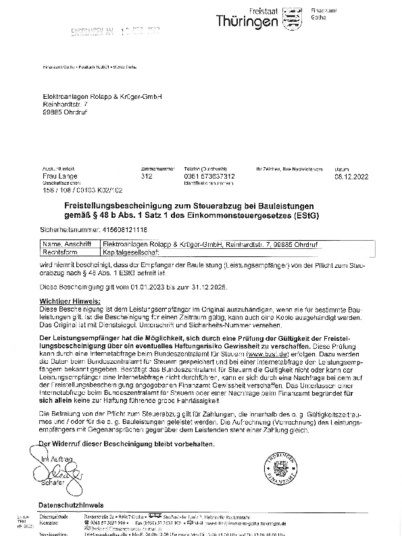 Freistellungs- bescheinigung bei Elektroanlagen Rolapp & Krüger GmbH in Ohrdruf